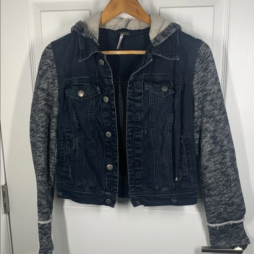 Free People distressed denim with built in hoodie sweatshirt jacket size XS